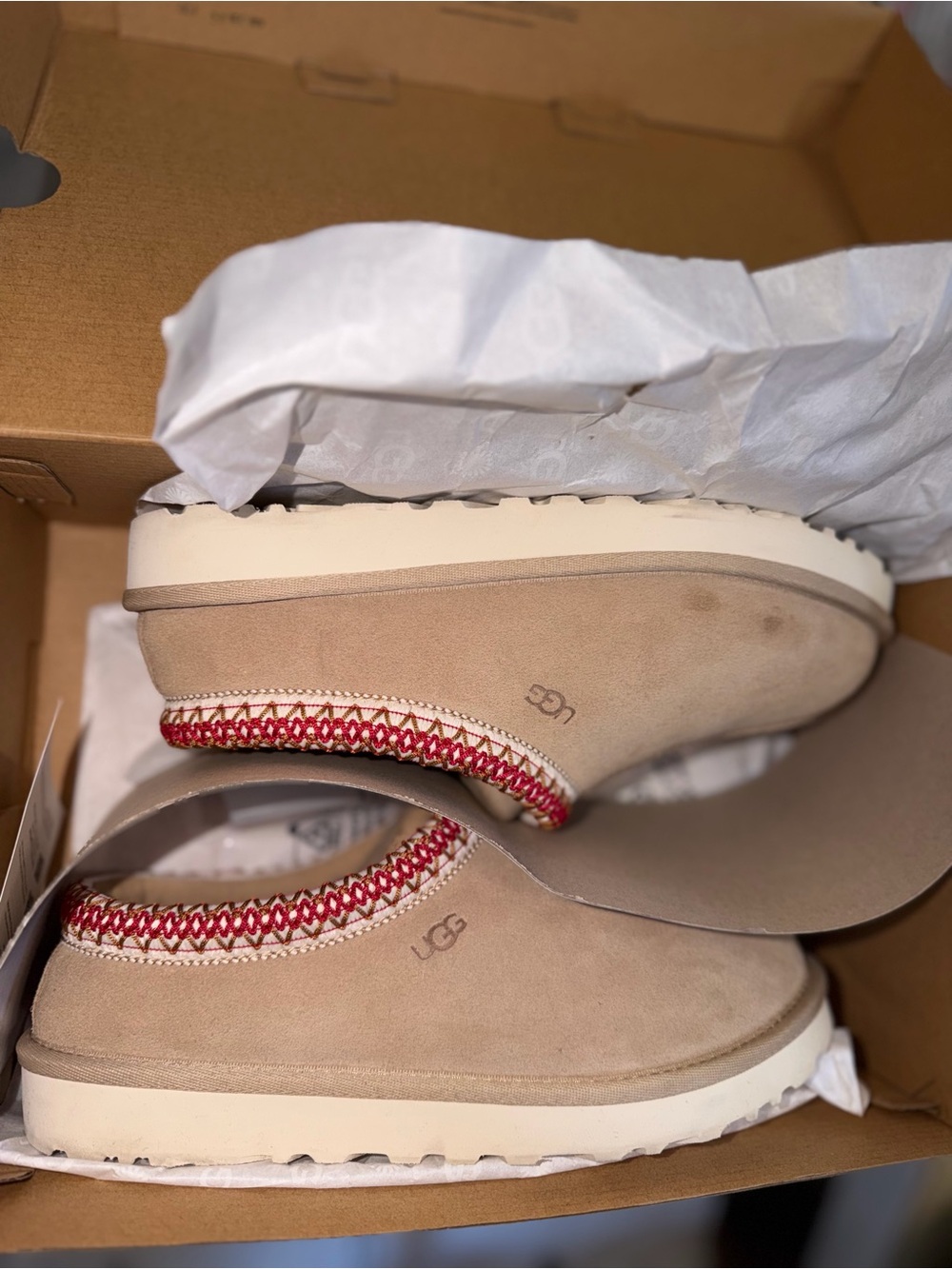 UGG Women's Beige Suede Slip-On Mules with Red Accent